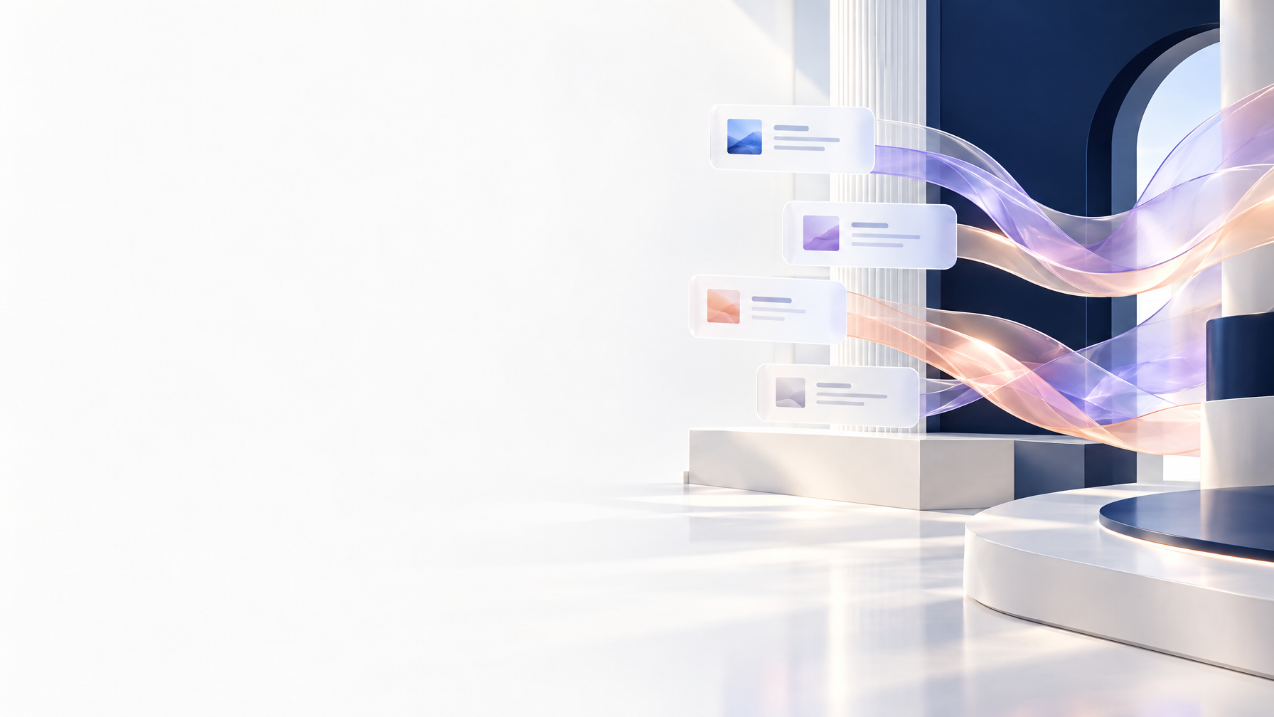 Editorial technology hero background for a B2B AI advertising assistant. Wide panoramic composition, pearl white and navy architecture, soft lavender and peach glass flowing ribbons concentrated only on right half, sophisticated photorealistic 3D material with studio daylight and delicate shadows. Left 55% clean white negative space for dark HTML headline. No people, no faces, no mascot, no text, no letters, no numbers, no logos. Visual metaphor of calm organized workflow, minimal premium SaaS website design.