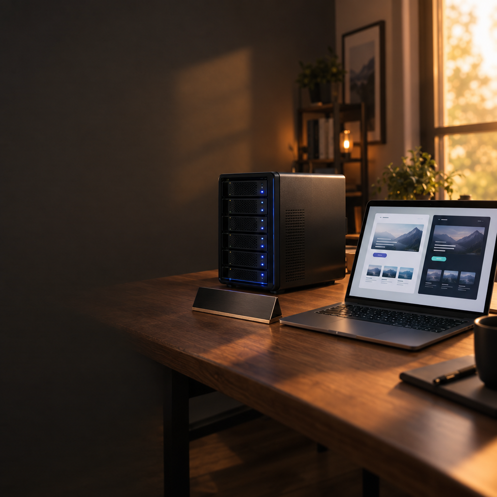 Cinematic photograph: a small sleek server rack glowing softly in a dim home office, a laptop beside it showing a landing page mockup with two color variants, a domain name plate on the desk, warm side light from a window, shallow depth of field, generous empty space on the left for text, no text, no letters, no words, no logos, no watermark

Сейчас ты работаешь для: Я. Отвечай именно для этого человека. Про других членов семьи упоминай, только если задача прямо их касается.