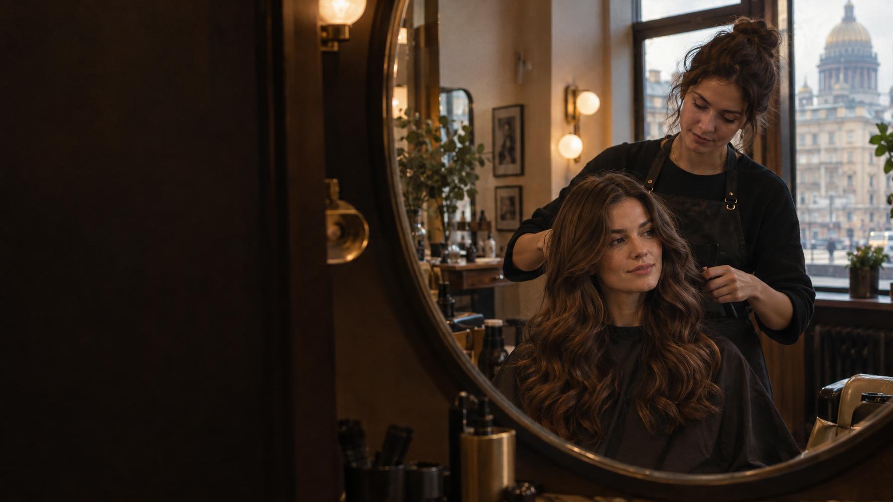 Editorial fashion-magazine photograph inside a beauty salon in St Petersburg: a hairstylist in a black apron finishes soft waves on a woman with long chestnut hair, seen in a large round mirror, warm tungsten practical lights, film look with gentle grain, deep warm shadows, elegant and unhurried. Subjects on the right; darker mirror-frame area on the left — space for a headline. Documentary photograph, real location in Russia, natural imperfect details, true-to-life colours, soft film grain, no text, no logos, no watermark, no CGI look, no glossy plastic skin, no lens flare, no neon, no holograms.