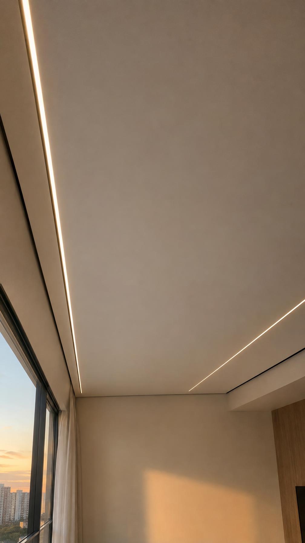 Vertical architectural photograph looking up at a seamless matte white stretch ceiling with thin recessed linear light strips and a shadow gap, warm evening light, minimalist room, clean lines converging, calm negative space at the bottom for text. Documentary photograph, real location in Russia, natural imperfect details, true-to-life colours, soft film grain, no text, no logos, no watermark, no CGI look, no glossy plastic skin, no lens flare, no neon, no holograms.