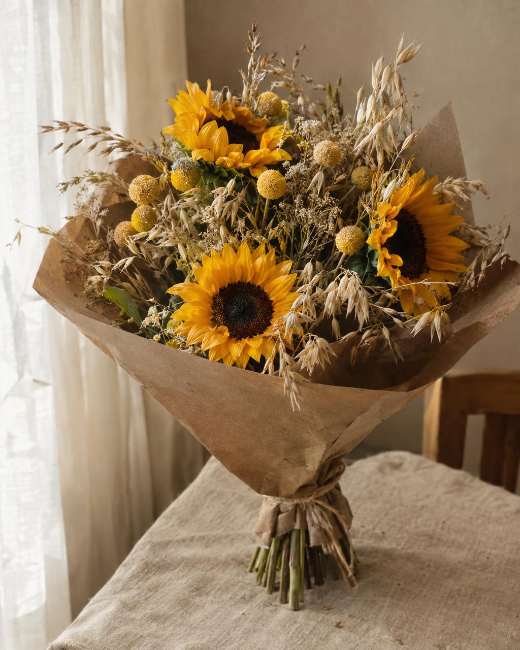 Product photograph of a seasonal bouquet of sunflowers, craspedia and dried oat grass in kraft paper on a warm beige linen backdrop, late-summer mood, soft window light. Documentary photograph, real location in Russia, natural imperfect details, true-to-life colours, soft film grain, no text, no logos, no watermark, no CGI look, no glossy plastic skin, no lens flare, no neon, no holograms.