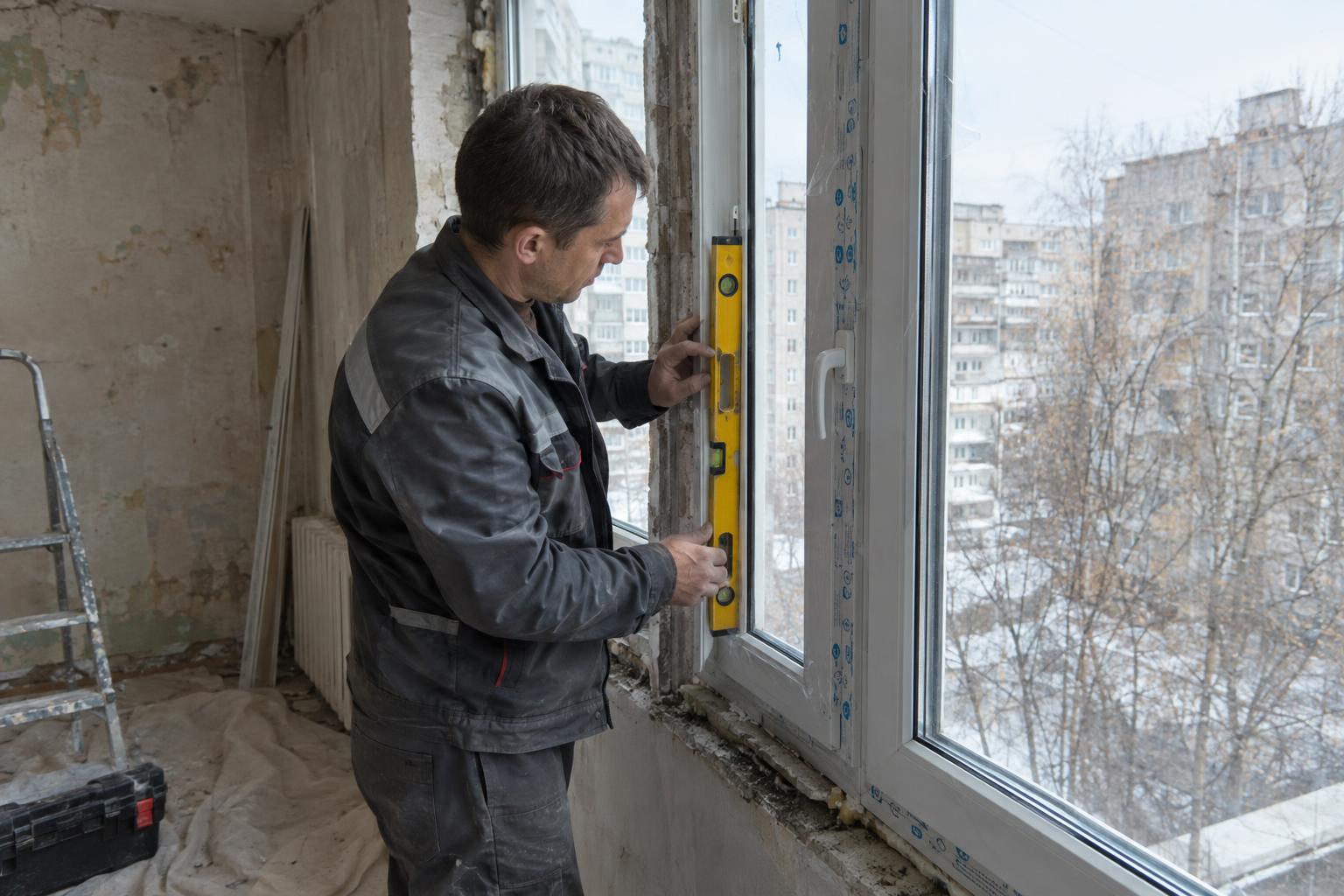 Documentary photograph of a Russian window installer in a dark-grey work jacket fitting a new white PVC window into an apartment wall opening, checking with a spirit level, protective film still on the frame, drop cloth on the floor, daylight from the window, candid moment, face turned to the work. Documentary photograph, real location in Russia, natural imperfect details, true-to-life colours, soft film grain, no text, no logos, no watermark, no CGI look, no glossy plastic skin, no lens flare, no neon, no holograms.