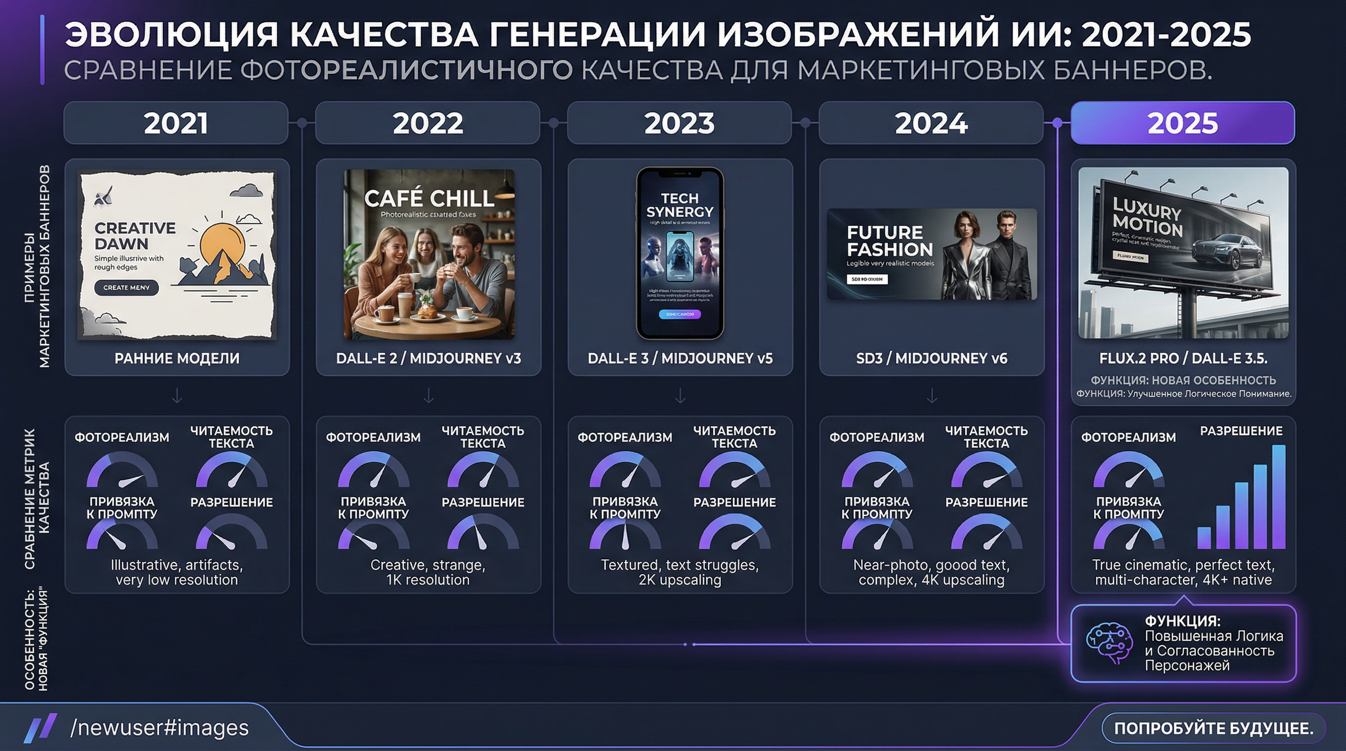 Professional infographic showing the evolution of AI image generation quality from 2021 to 2025, comparing photorealistic quality levels, showing real examples of marketing banners, dark theme with purple-indigo gradients, 16:9 format, timeline visualization with quality metrics