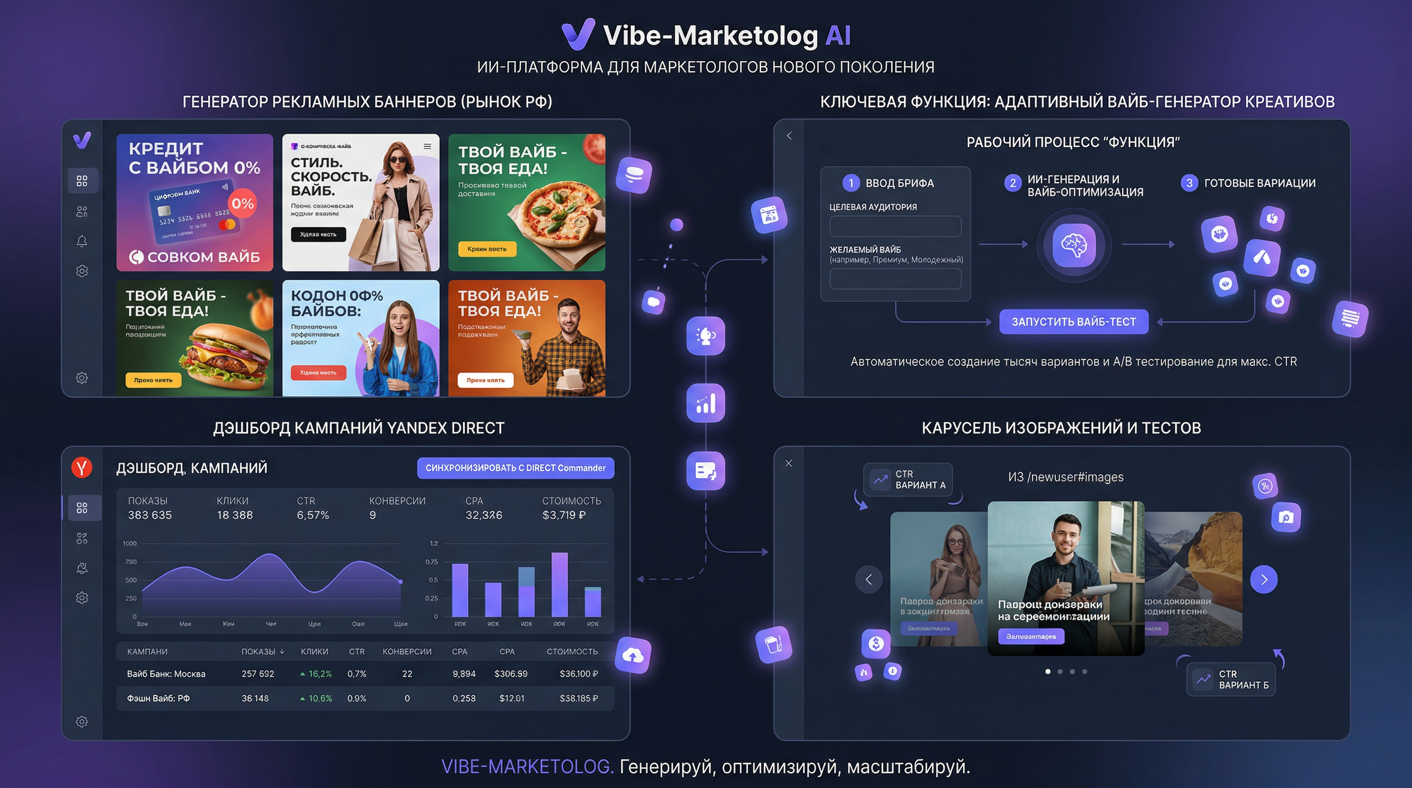 Professional visualization of Vibe-Marketolog AI platform interface showing multiple generated advertising banners for Russian market, Yandex Direct campaign dashboard, carousel of images, dark premium theme with purple-indigo gradients, 16:9 wide format, showing real workflow