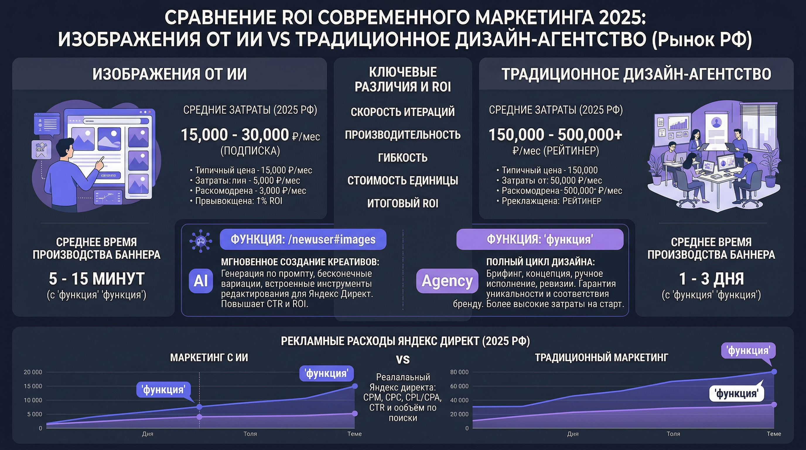 Modern marketing ROI comparison infographic: AI-generated images vs traditional design agency costs, showing real pricing data for Russian digital marketing market 2025, Yandex Direct advertising costs, banner production time comparison, dark theme purple-indigo color scheme, wide 16:9 format