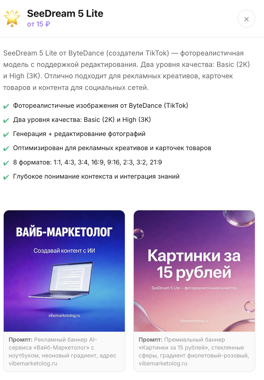 Шаг 4: Карточка SeeDream 5 Lite с примерами баннеров