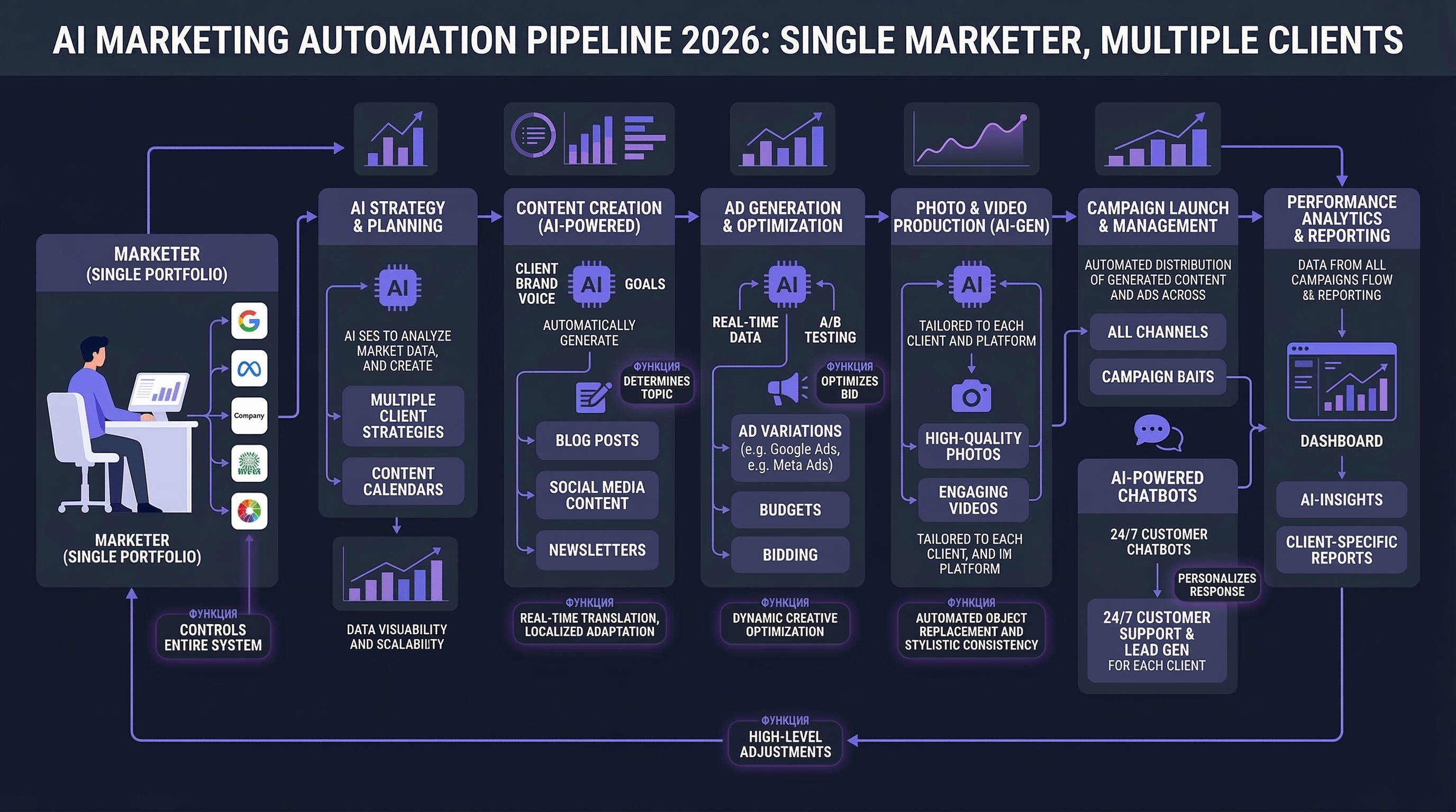 Professional workflow diagram 16:9: AI marketing automation pipeline for 2026 - showing how a single marketer can manage multiple clients using AI tools (content creation, ad generation, photo production, video creation, chatbots). Dark background, purple-indigo accents, modern flat icons, arrows showing automation flow