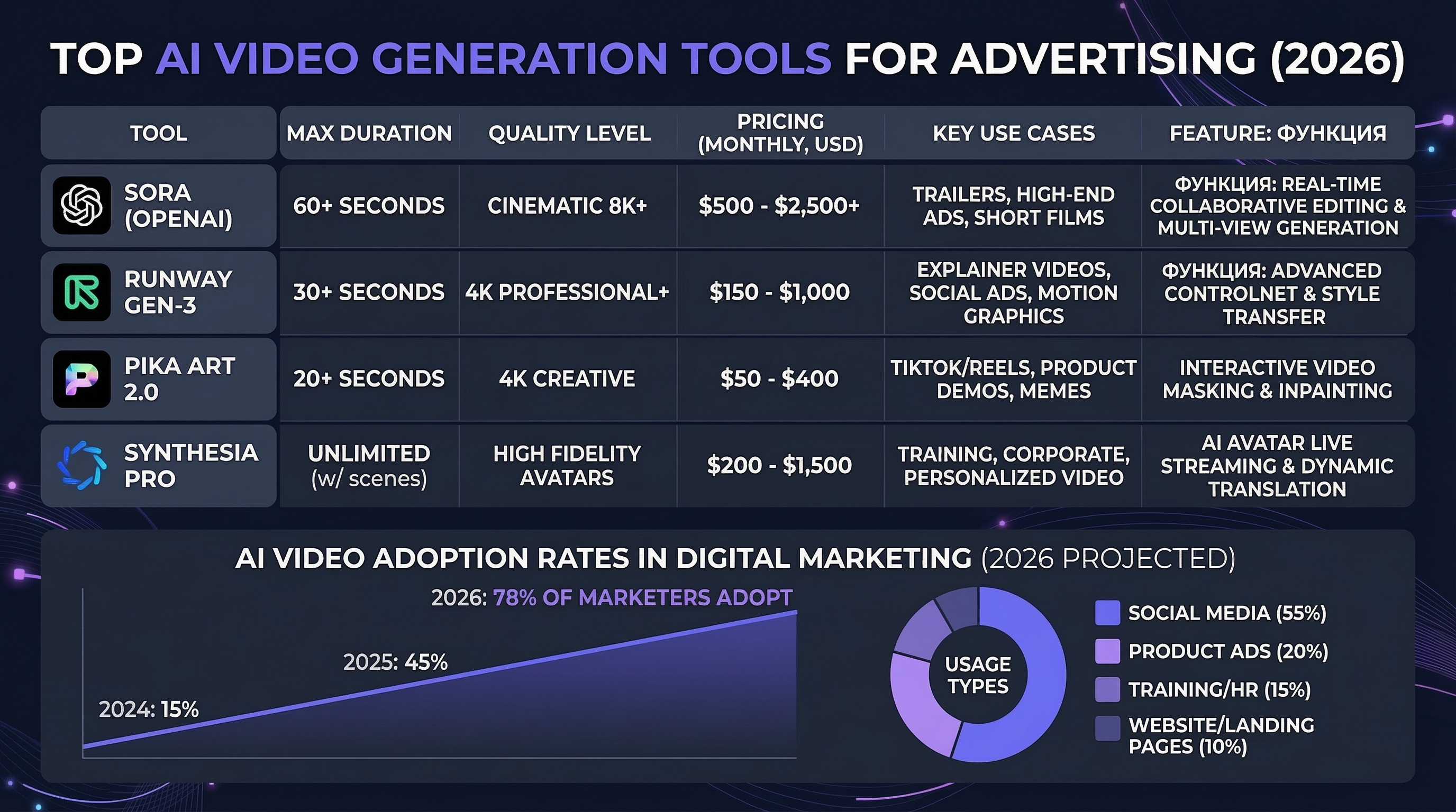 Modern comparison infographic 16:9: top AI video generation tools for advertising in 2026 - showing video duration, quality level, pricing, and use cases for different platforms. Include data about AI video adoption rates in digital marketing. Dark theme, purple accents, professional data visualization