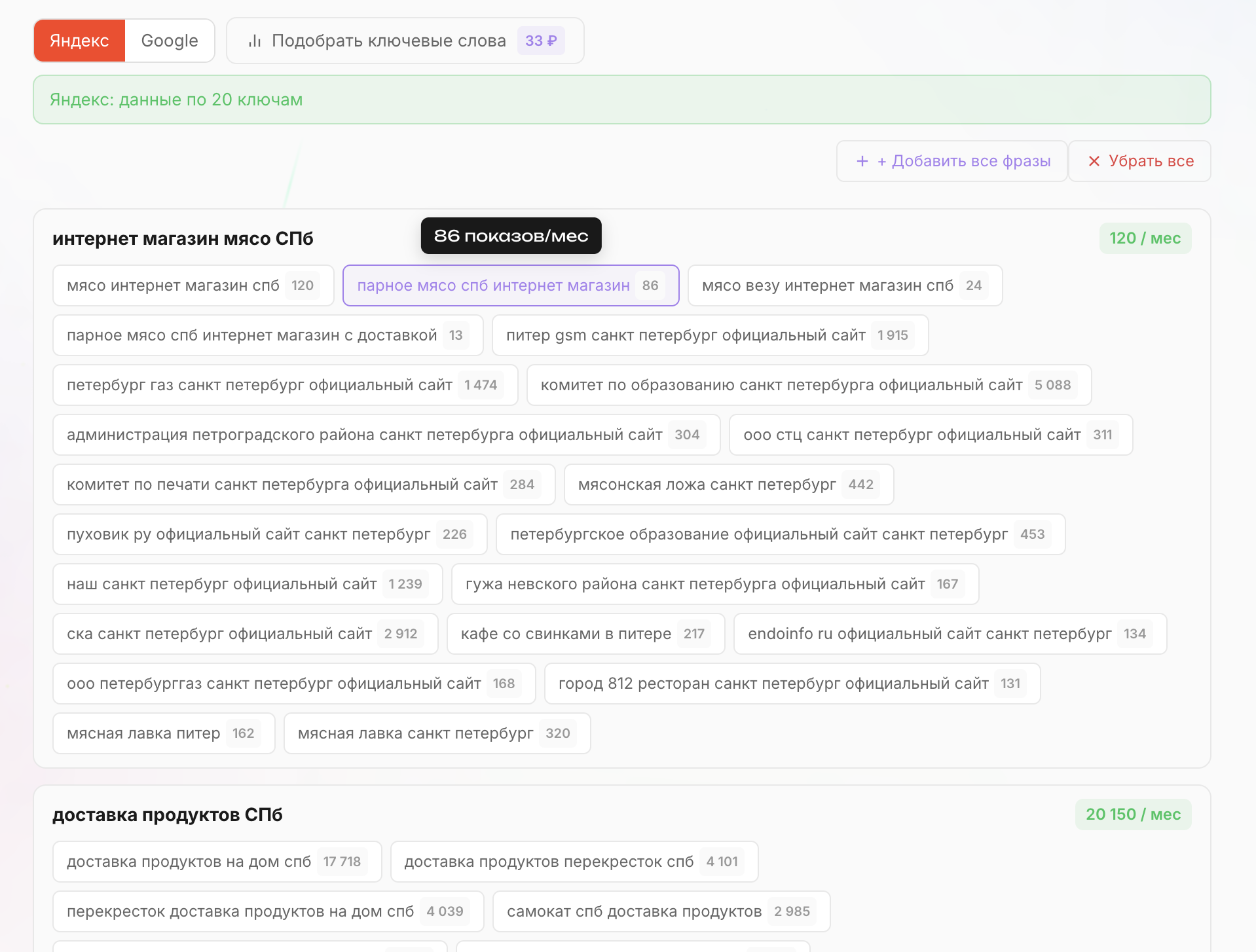 Шаг 9: Подбор ключевых слов с данными Яндекс Wordstat по 20 ключам